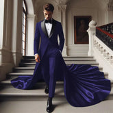 Elegant Navy Suits Men For Wedding Unique Design Single Breasted Blazer Long Tailored Banquet Jacket Pants 2 PC Groom Tuxedos