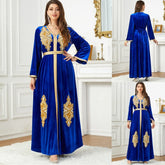 Dubai Autumn Winter Party Velvet Dress Arab Muslim Woman Oriental Gown Shiny Blue Beading Appliques Belted Abaya