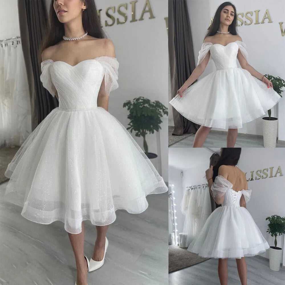 Sparkly Sexy Short Wedding Dress Up Back Off The Shoulder Knee Length Sequins Bride Party Gowns Plus Size Vestidos De Novias