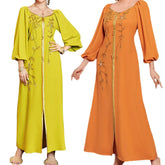 Fashion Lantern Sleeve Party Evening Dresses for Women Muslim Moroccan Kaftan Dubai Abaya Rhinestone Ribbon Beaded Eid