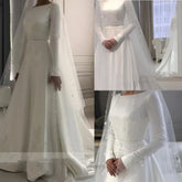 Vestido De Novia Long Sleeves Muslim Bridal Wedding Gown with Veils Appliques Lace Satin A-line Simple Bride to be Dress