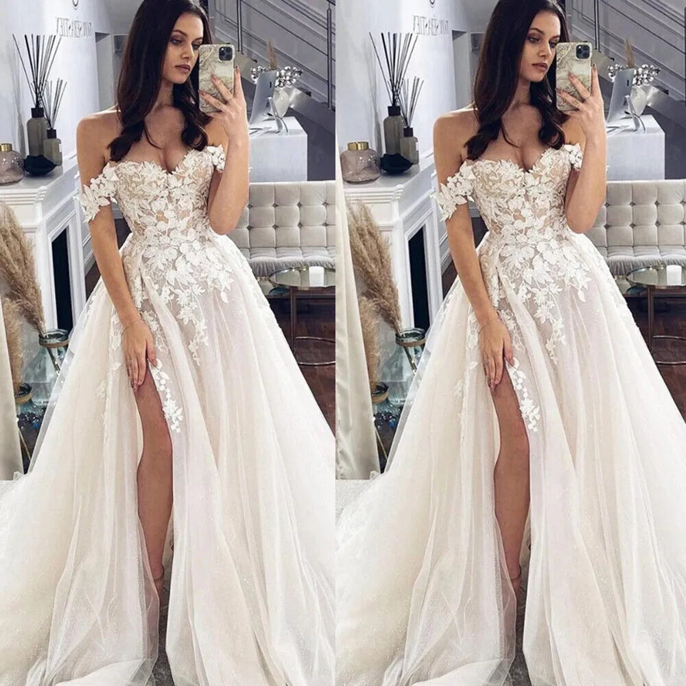 Luxurious Boho Off Shoulder Mopping Wedding Dresses Sweetheart Lace Beautiful Bridal Gowns Side Split Corset Sleeveless New