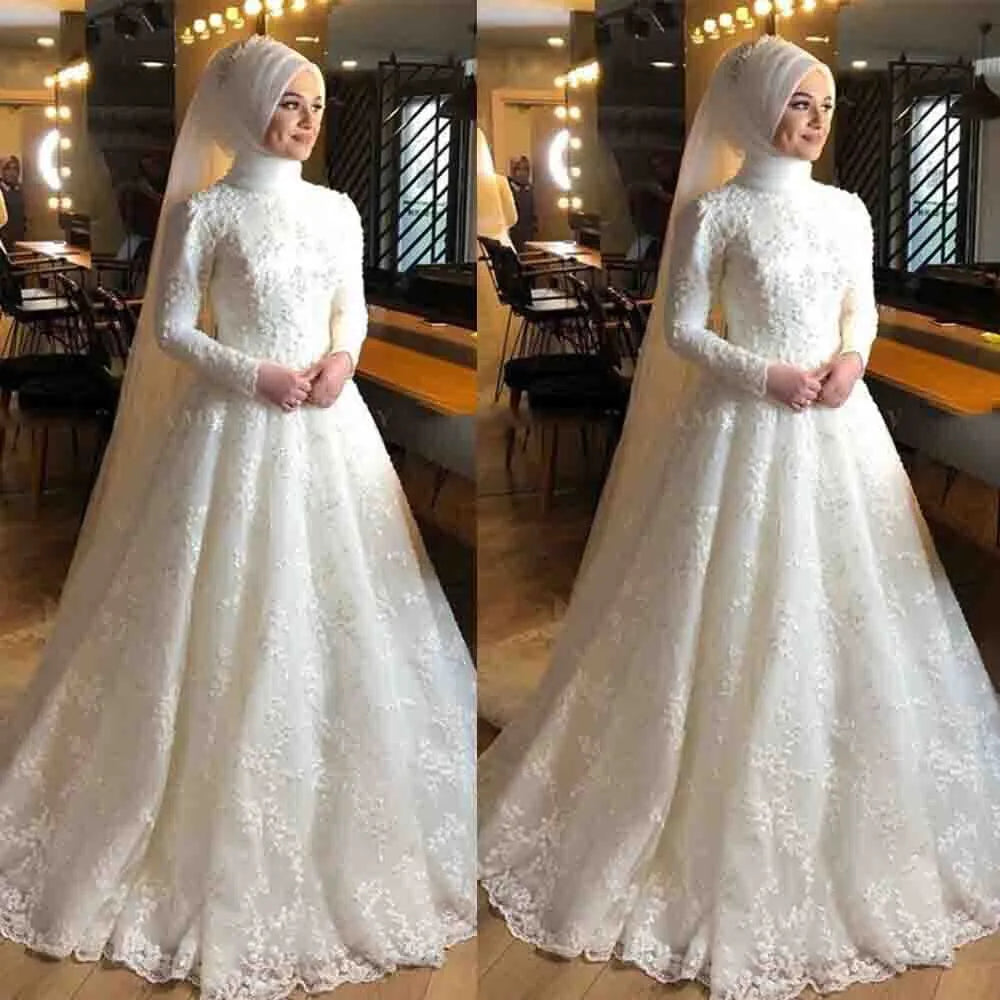 Graceful Long Sleeves Muslim Wedding Dress High Neck Lace Bridal Bride Gown Islamic Hijab Arabic Dubai Kaftan Vestidos De Novia
