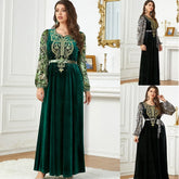 Siakakia Muslim Ramadan Eid Autumn Winter Velvet Beading Embroidery Floral Lantern Sleeve V-Neck Jalabiyat Moroccan Belted Abaya
