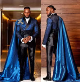 Luxury Shiny Royal Satin Suits For Men Customized 3 Piece Jacket with Long Cape Pants Set Formal Groom Wedding Party Prom Tuxedo