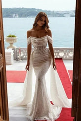 Sexy Glitter Bodycon Mermaid Wedding Dresses Off Shoulder Sleeveless Boho Bridal Gowns With Shiny Train Bride Dress