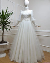 Robe De Mariée Princesse Dubai Muslim Wedding Gowns for Women Bride High Neck A-Line Tulle Long Sleeve Bridal Dress Lace