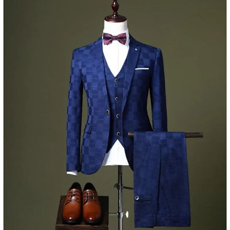 ( Jacket+Vest+Pants ) Boutique Fashion Plaid Men's Casual Business Office Suit Three Piece Set Groom's Wedding Dress Slim Suits