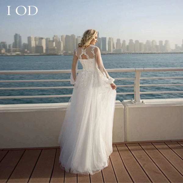 I OD Elegant Tulle A Line Appliques Wedding Dress V-Neck Lace Up Back Long Sleeve Floor Length Bridal Gown Button Robe De Mariee