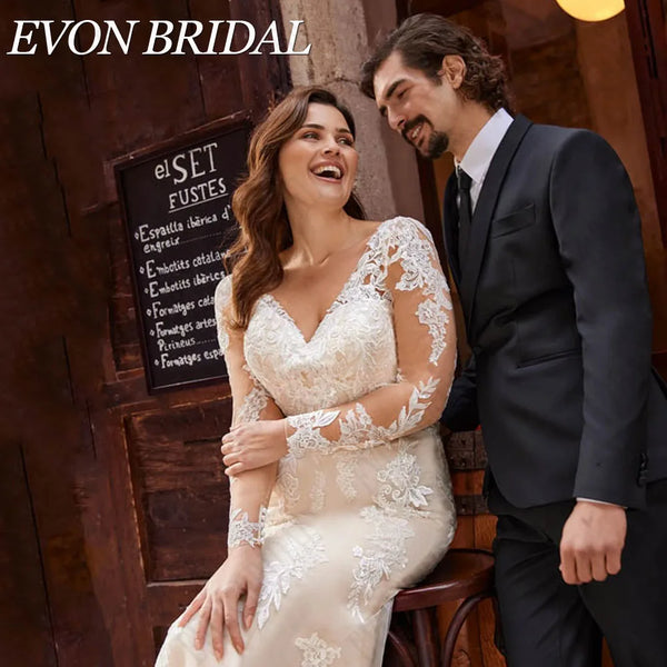 EVON BRIDAL Mermaid Plus Size Wedding Dresses For Big Woman Long Sleeves Button Back Applique Bridal Gowns vestidos de novia