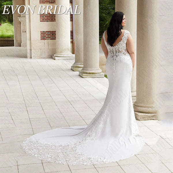 EVON BRIDAL Plus Size Wedding Dress for Big Women V-Neck Mermaid Applique Bridal Gown Button Cap Sleeves Vestido De Noiva