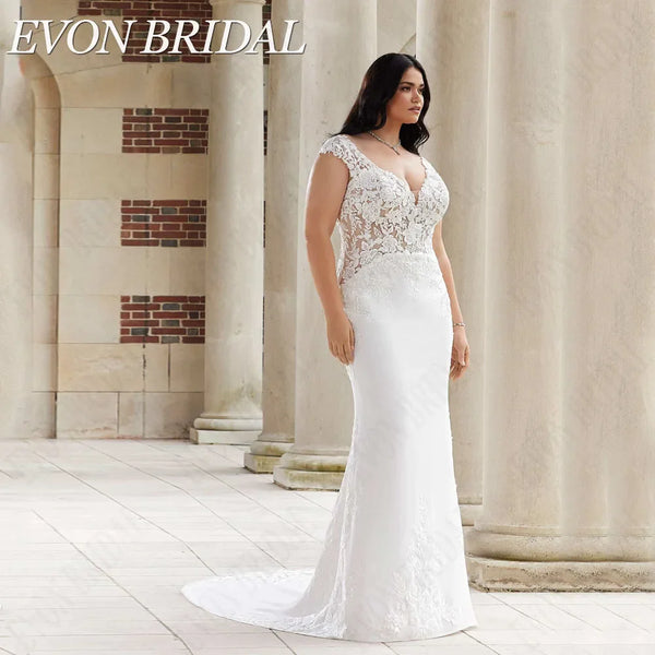 EVON BRIDAL Plus Size Wedding Dress for Big Women V-Neck Mermaid Applique Bridal Gown Button Cap Sleeves Vestido De Noiva