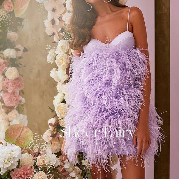 Lilac Ostrich Feather Prom Dress Sexy Spaghetti Straps Luxury Short Mini Cocktail Dress Hot Pink Birthday Party Gown RM092