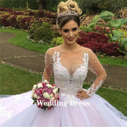 Princess Pink Wedding Dresses 2024 robe de mariage Lace Applique Pearls Sheer Neck Long Sleeves Garden Bridal Gowns