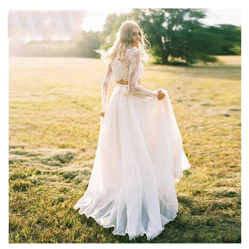Lace Long Sleeves Chiffon Wedding Dresses Two Piece Bridal Gowns Simple Robe De Mariage