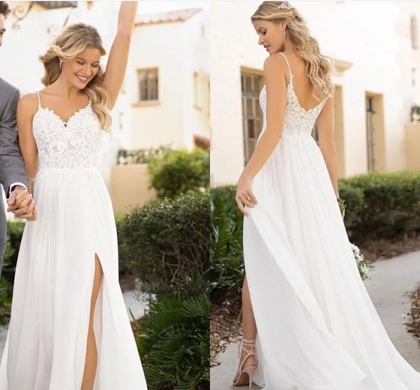 Wedding Dress Beach Boho Side Slit Split Spaghetti Strap A-Line Bridal Gowns Court Train Chiffon Simple Lace Appliques