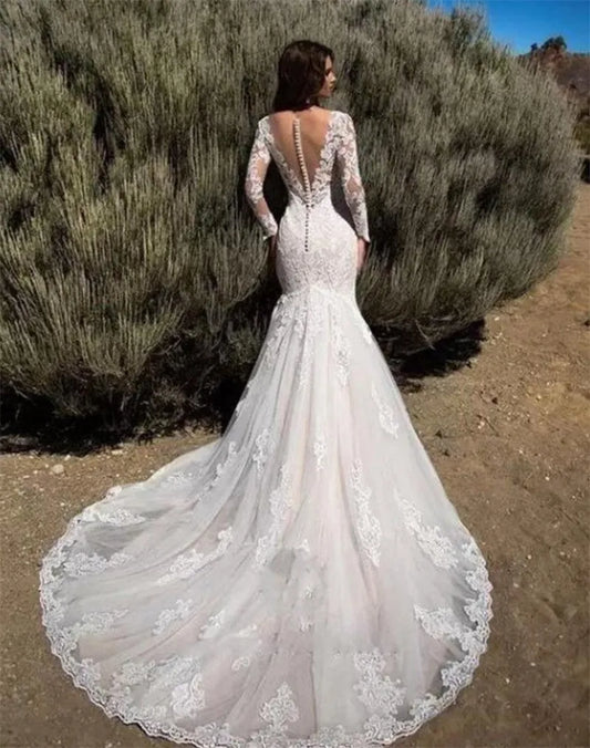 Sexy Sweetheart Mermaid Wedding Dress Full Long Sleeves Buttons Back Lace Applique Bride Gown Vestidos De Novia robe mariée