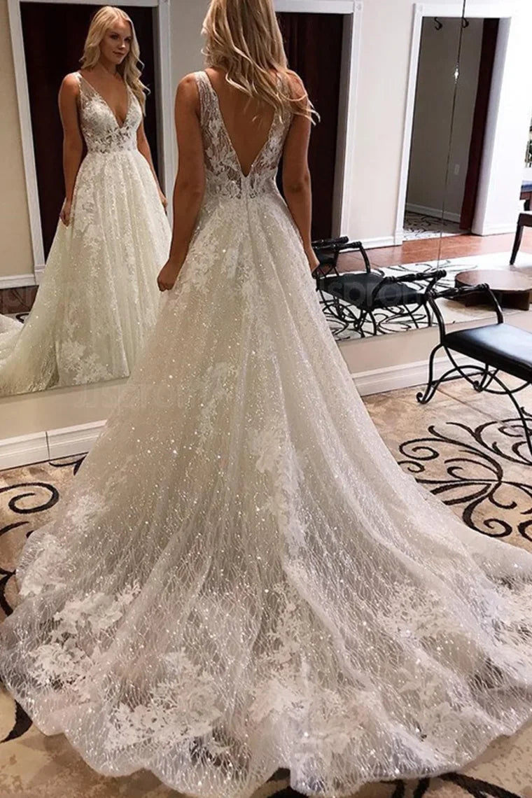 LORIE Ivory Lace Glitter Wedding Dresses Shiny Tulle Beach Bridal Dresses Boho Elegant Wedding Party Gowns Open Back Long Train