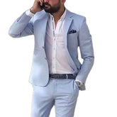 Sky Blue Linen Beach Men Suits Summer 2 Piece Slim Fit Groom Tuxedo for Wedding New Male Fashion Jacket with Pants