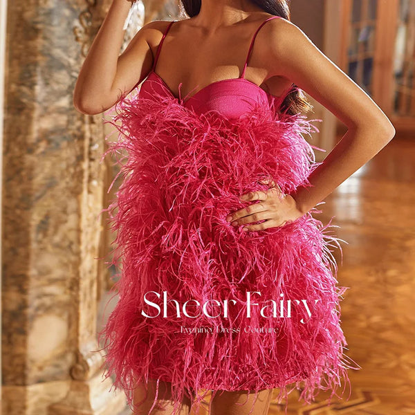 Lilac Ostrich Feather Prom Dress Sexy Spaghetti Straps Luxury Short Mini Cocktail Dress Hot Pink Birthday Party Gown RM092