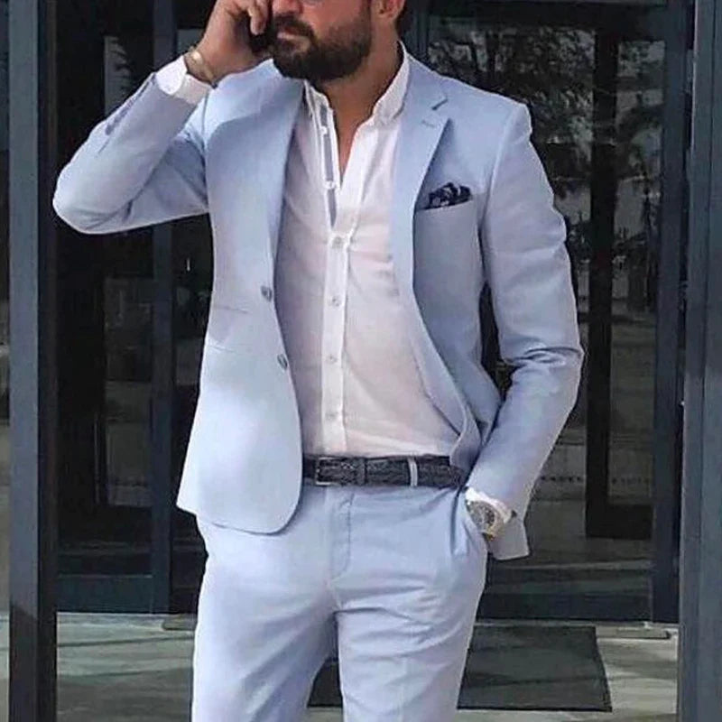 Sky Blue Linen Beach Men Suits Summer 2 Piece Slim Fit Groom Tuxedo for Wedding New Male Fashion Jacket with Pants
