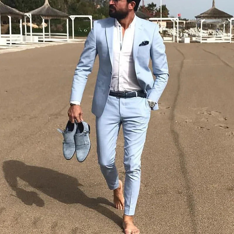 Sky Blue Linen Beach Men Suits Summer 2 Piece Slim Fit Groom Tuxedo for Wedding New Male Fashion Jacket with Pants