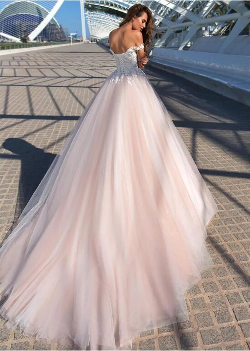 SoDigne Princess Boho Wedding Dress Pink Off the shoulder Lace Appliques Tull Corset Bridal Gown Plus Size Wedding Dress