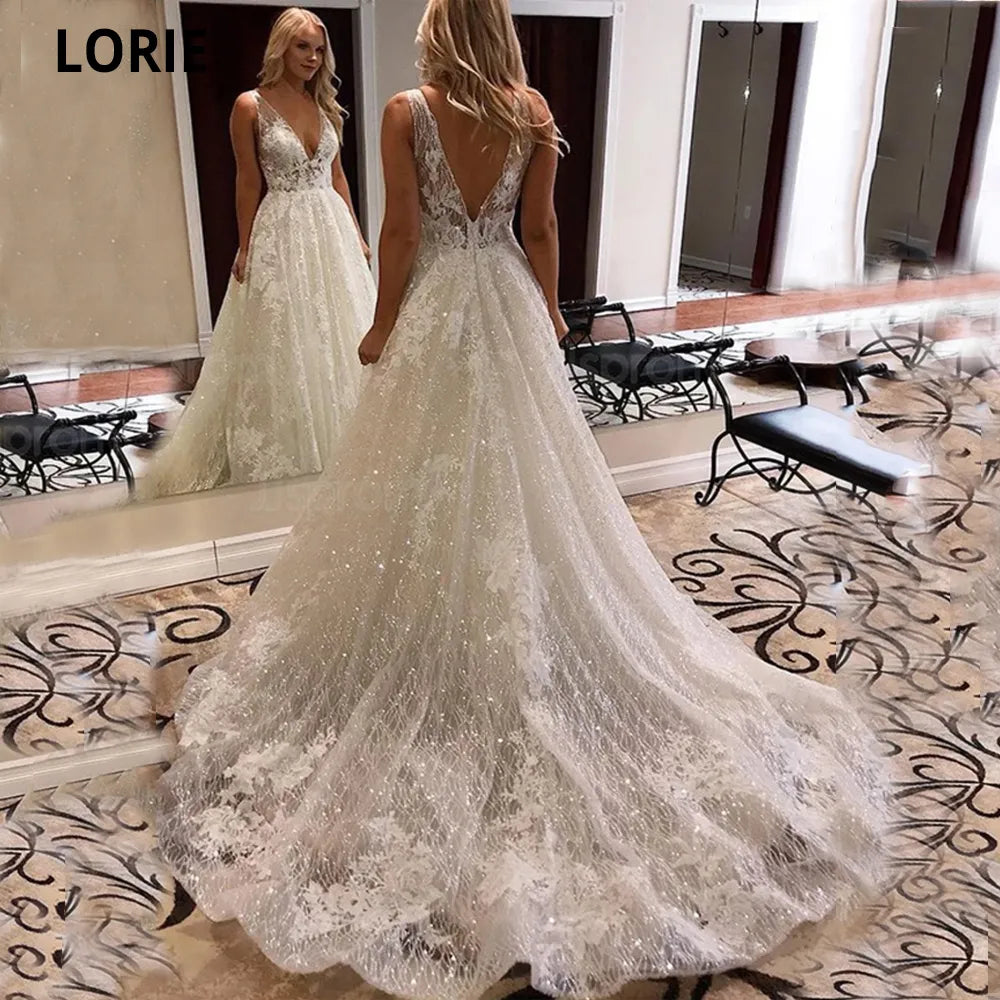 LORIE Ivory Lace Glitter Wedding Dresses Shiny Tulle Beach Bridal Dresses Boho Elegant Wedding Party Gowns Open Back Long Train
