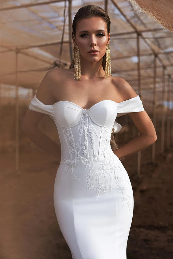 Elegant Mermaid Sweetheart Wedding Dresses White Women Lace Applique Off The Shoulder Satin Bridal Gown Vestidos De Novia