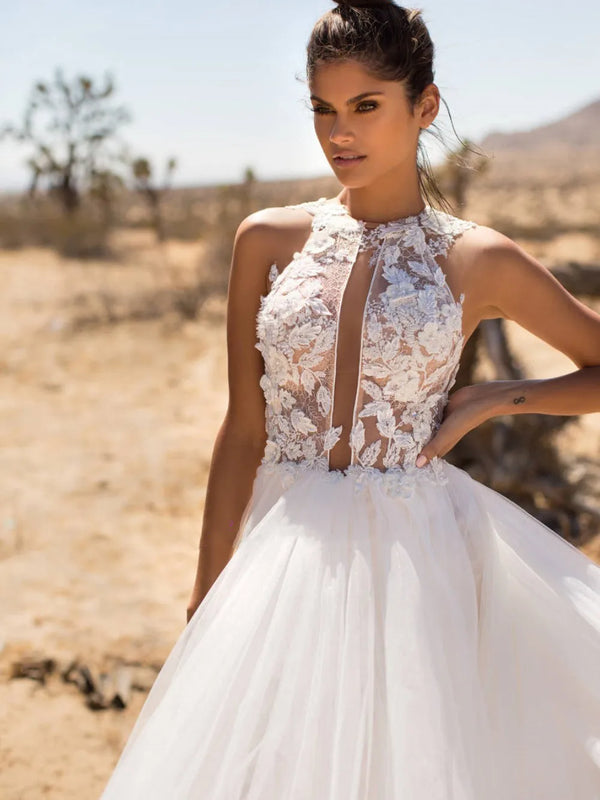 Chic Halter Neck Wedding Dress Side Split Tulle A-Line With Short Skirt V-Backless Vestidos De Novia Beach Elegant Robe Gowns