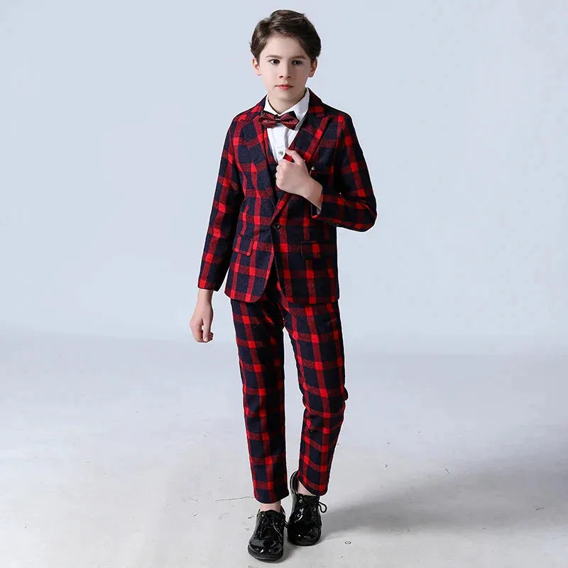 Boy's Suits Wedding Flower Suits Children’s Tuxedos For Kid Formal Prom Plaid Suits 5 Pieces Set (Jacket+Pants+Vest+Shirt+Tie)