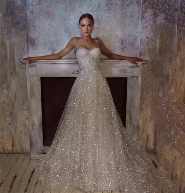 Spaghetti Glitter Material A-Line Elegan Wedding Dresses Bridal Gowns train Floor Length Bride Dress vestidos de novia