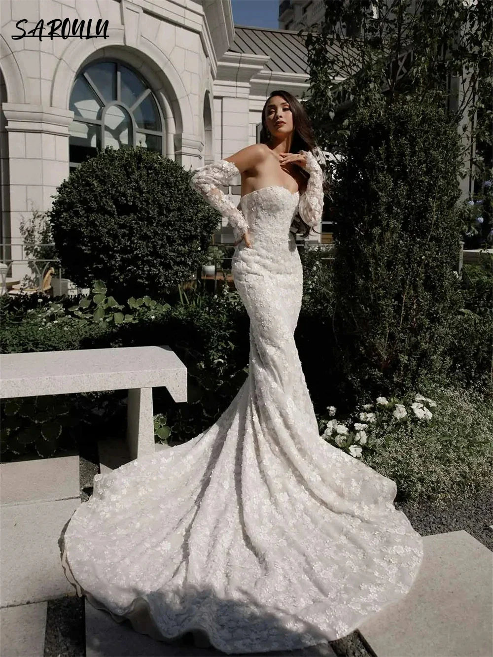 Romantic Flower Appliques Wedding Dresses For Women Strapless Modern Mermaid Bridal Gown Plus Size Vestidos De Novia