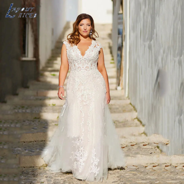 LAYOUT NICEB Exquisite Plus Size Tulle Wedding Dress Simple Lace Applique Bride Gowns Cap Sleeves Mermaid Vestidos De Noiva