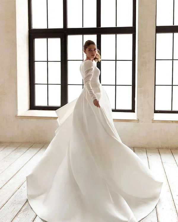 Classic Elegant Wedding Dresses A-Line Satin Bridal Gowns V-Neck Long Sleeves Robes For Formal Party Vestidos De Novia