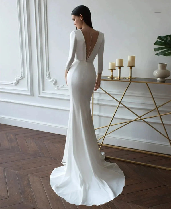 New Deep V-Neck Satin Wedding Dress Simple 3/4 Sleeve Backless Mermaid Bridal Gowns Sweep Train For Women Brides Gowns White