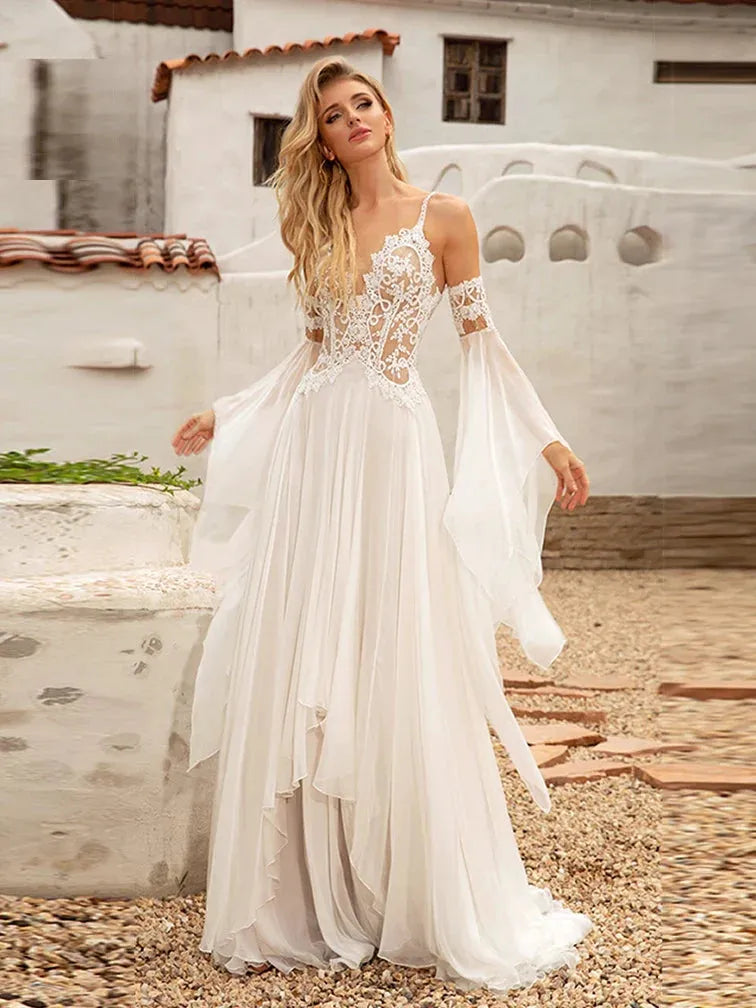 Bridal Gown Chiffon V-neck Women Fashion BohoWedding Dress Elegant Spaghett Open Back Vestidos De Novia Sweep Train Full White