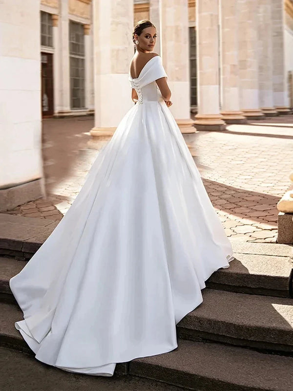 Elegant Wedding Dresses Off The Shoulder Satin A-Line Bridal Gowns For Formal Party V-Neck Floor Length Vestidos De Novia