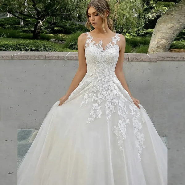 Elegant White Wedding Dresses Simple Off Shoulder Sleeveless Fluffy Princess Style Romantic Lace Applique Custom-Made Bridal