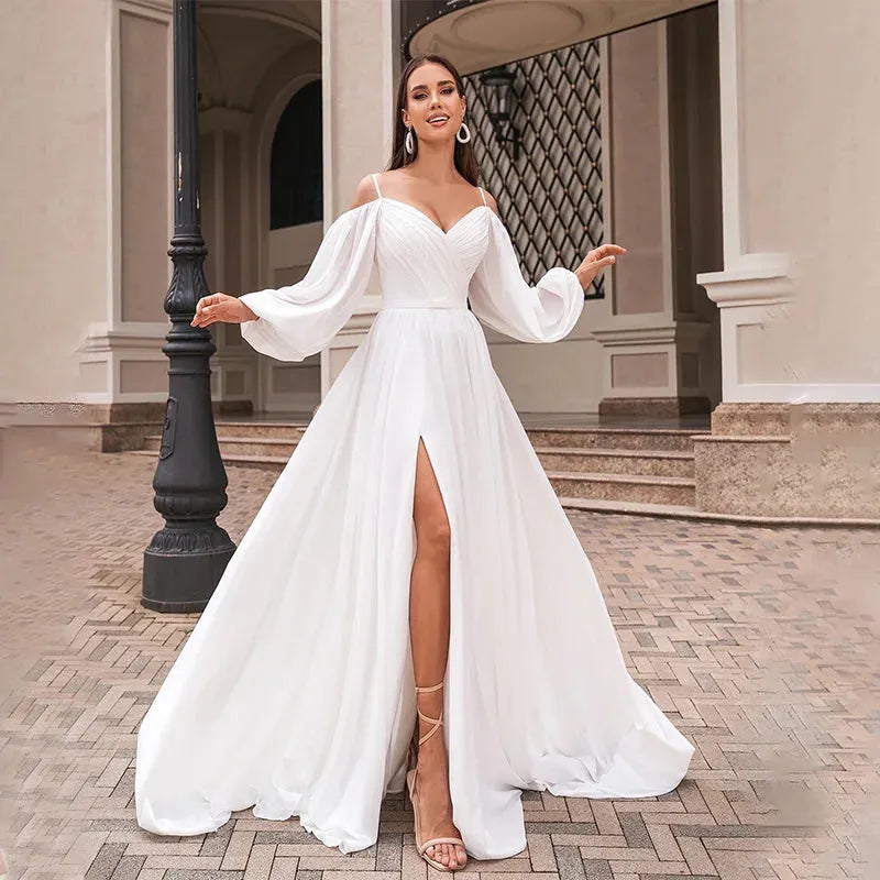 Vintage V-Neck Simple A-Line Wedding Dresses Off the Shoulder Long Puff Sleeves Bridal Gowns Vestido De Novia Ivory 26W