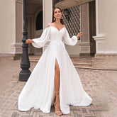 Vintage V-Neck Simple A-Line Wedding Dresses Off the Shoulder Long Puff Sleeves Bridal Gowns Vestido De Novia Ivory 26W