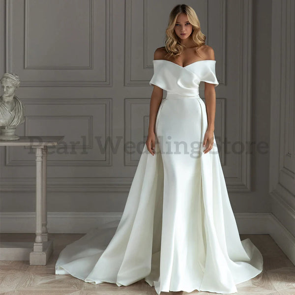 White Detachable Trailing Wedding Dress Sweetheart Satin Mermaid Off the Shoulder Bridal Gowns Custom Made Vestidos De Novia