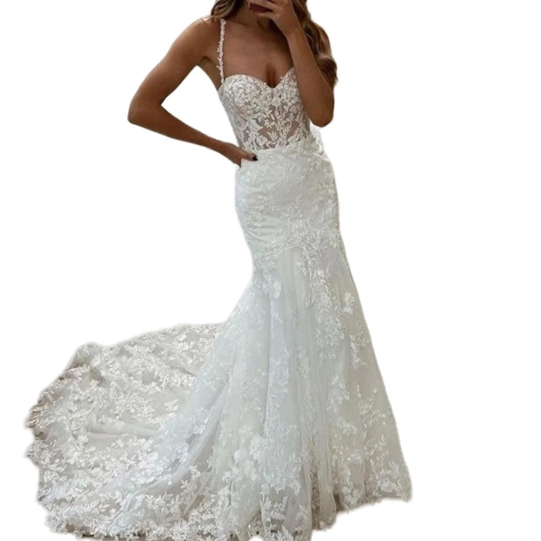 Lace Mermaid Long Wedding Dress For Bride To Be Spaghetti Straps Sweetheart Bride Dresses Court Train Vestidos De Novia