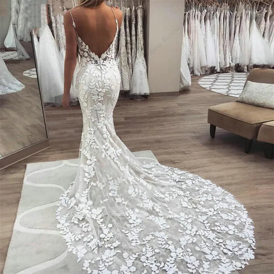 Boho Lace Appliques Wedding Dress Mermaid Bridal Dresses Spaghetti Straps Backless Beach Bridal Gowns Vestido De Noiva