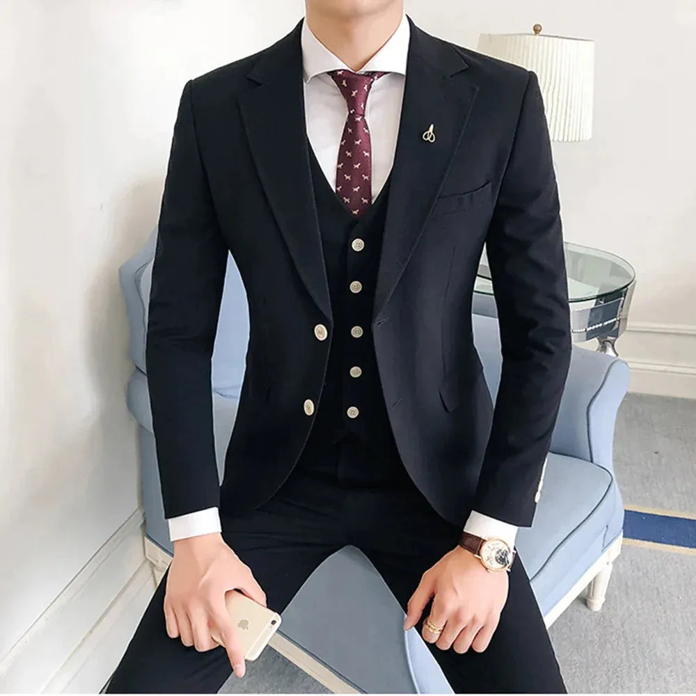 Men Suits For Wedding Business Casual Party Suit For Men Slim Fit Notched Lapel 3 Piece(Blazer + Vest + Pants)Costume Homme Black