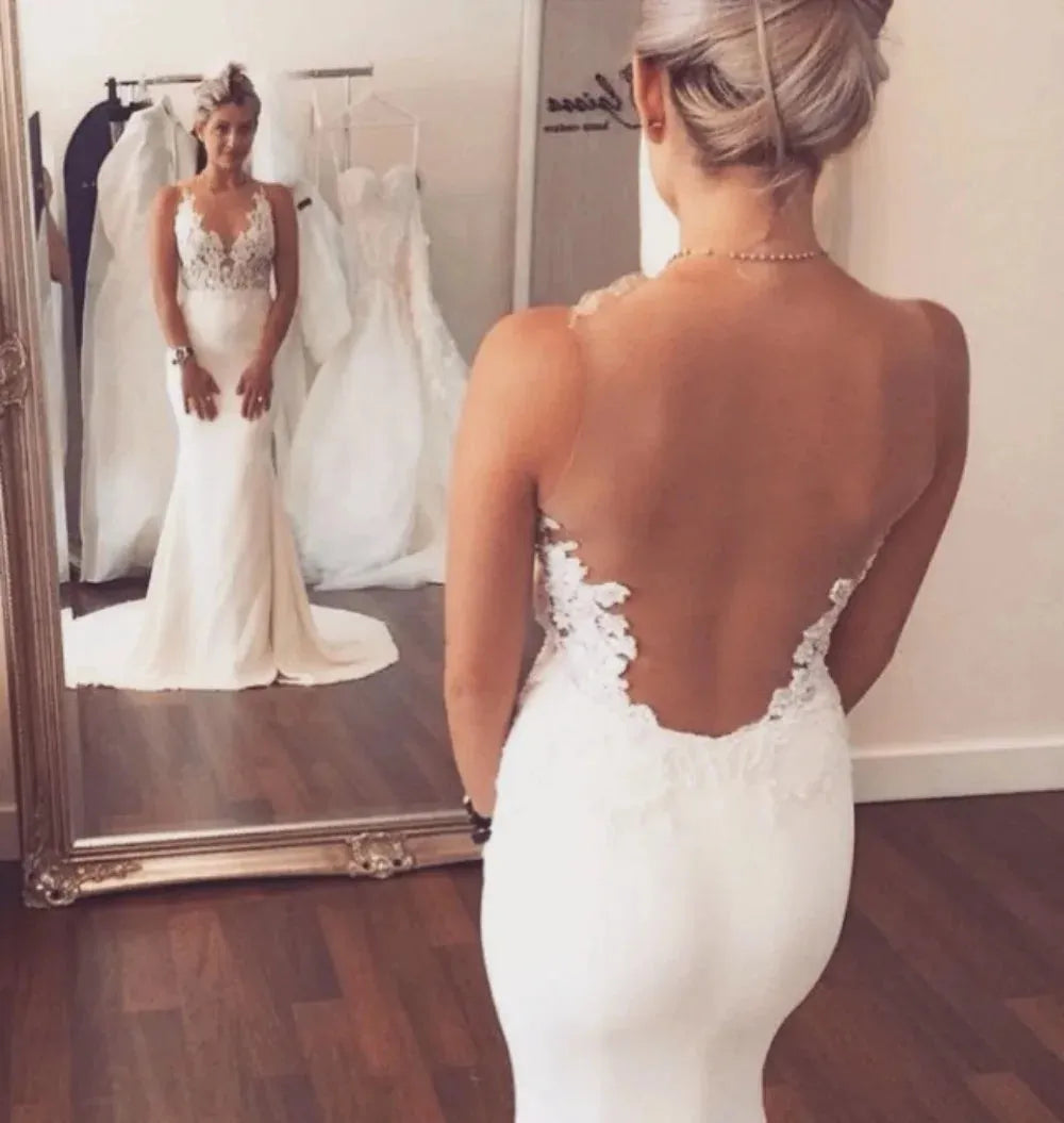 Boho Chiffon Mermaid Wedding Dress Sheer V-Neck Lace Appliques Backless Beach Bride Gown Vestidos De Novia فستان حفلات الزفاف Picture Color