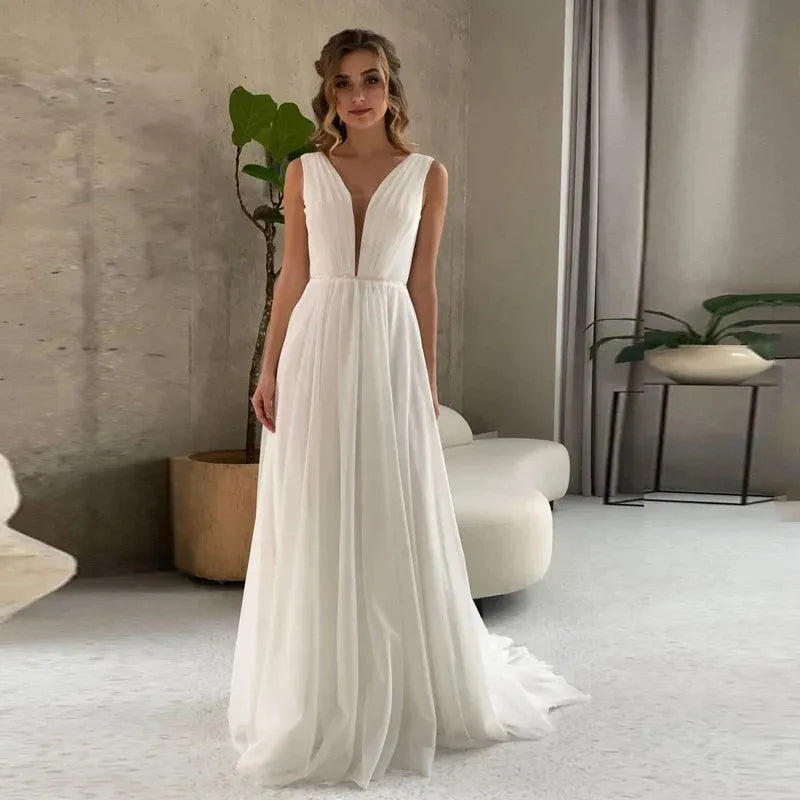 I OD Elegant A-Line Wedding Dress Sexy V-neck Sash With Sequins Backless Regular Straps Chiffon Bridal Gowns Robe De Mariee Champagne 14W