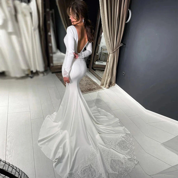 Luxurious Sexy Mermaid Satin Backless Mopping The Floor Wedding Dresses Long Sleeves Bridal Dresses Custom Made Robe Customize