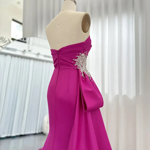 Elegant Mermaid Long Fuchsia Evening Dresses Arabic Overskirt Side Slit Women Wedding Formal Party Gowns SS402