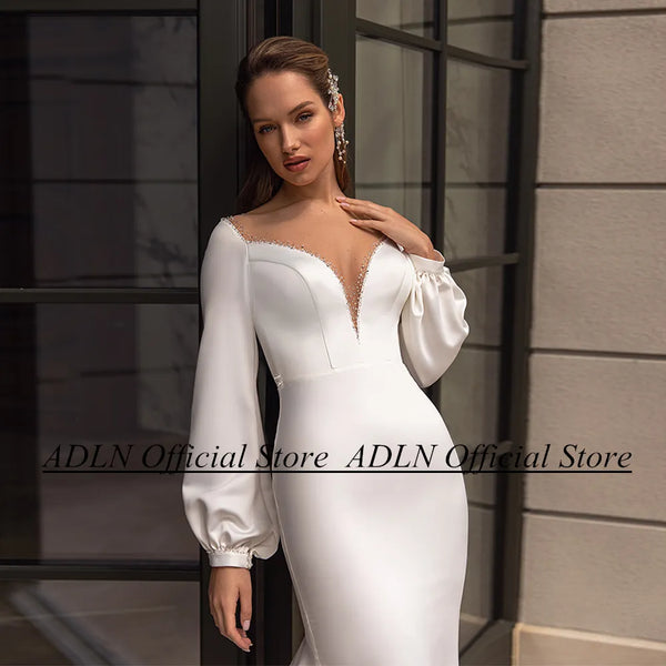 New Arrival Wedding Dress Sheer Mesh Scoop Neck Puff Sleeves Beading Mermaid Bridal Gown with Detachable Train